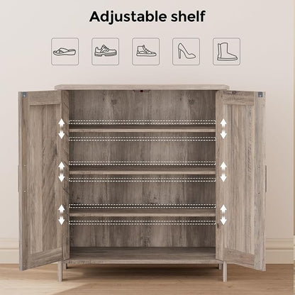Homleke Farmhouse Shoe Cabinet with 2 Barn Doors & Wood Legs, 5-Tier Shoe Storage Cabinet with 3 Adjustable Shelves, Tall Shoe Rack Organizer for Closet, Shoe Organizer for Entryway, Hallway, Greige