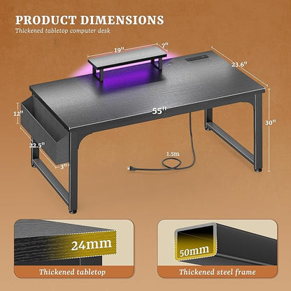 55 x 24 inch Gaming Desk with Power Outlets, Computer Desk with 0.95 Inch Thicker Desktop & Monitor Stand & Light & Storage Bag, Office Writing Desk for Home Office, Bedroom,Living, Black