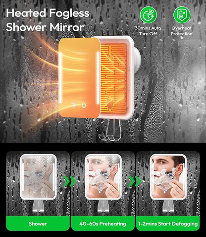 Lighted Shower Mirror Fogless for Shaving with Light, 5000mAh Heated Fogless Mirror for Shower, Detachable Razor Holder and Suction Cup for Wall, NO-Drilling, Waterproof for Bathroom (White)