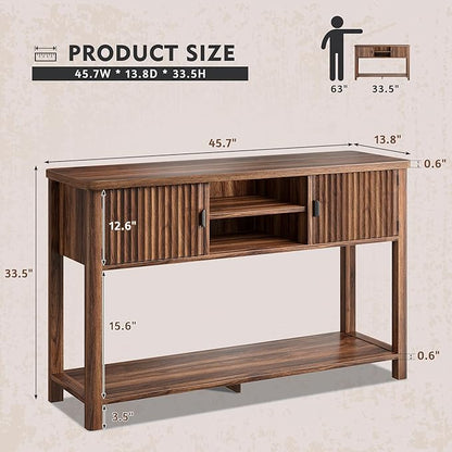 Console Table Fluted with 8 Storage Shelves & 2 Doors, Modern Sofa Table Behind Couch with Open Storage Shelf, Entry Table for Hallways,Entryway, Living Room,Wooden, Walnut Brown