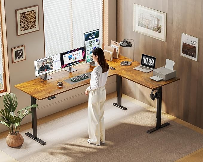 OffiGo 71 Inch Reversible L Shaped Electric Standing Desk, Height Adjustable Corner Stand up Desk, Ergonomic Large Lift Computer Table for Home, Office, Workstation, Rustic Brown