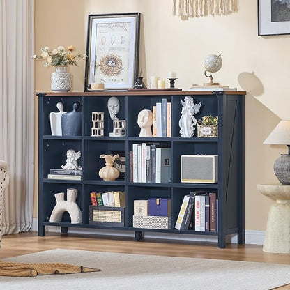 12 Cube Storage Organizer, Farmhouse 62 Inch Wide Navy Blue Display Bookshelf, Wooden 3 Tier Large Open Book Shelf, Vintage Bookcase for Home Office, Cubby Cabinet for Living Room, Bedroom