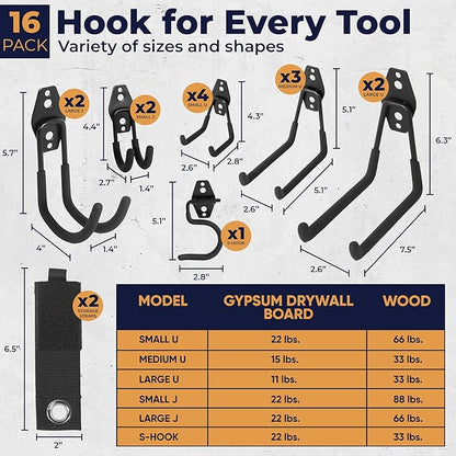 16 Pack Steel Heavy Duty Garage Hooks Storage Hooks with Anti-Slip Coating, Utility Garage Wall Mount Hanger and Organizer for Sheds, Bikes, Ladder, Rope, Broom, Shovel, Garden Power Tools, and Cords