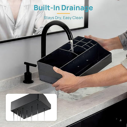 Vtopmart 5 PCS Bathroom Countertop Organizer, 1 Divided Tray with 4 Qtip Holder Jars, Restroom Clear Organizers for Toothbrush, Cotton Pads Balls, Floss, Bathroom Vanity Accessories Storage Set, Black