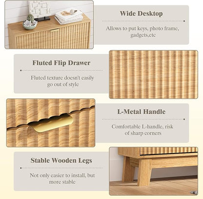 Shoe Cabinet Storage for Entryway with 3 Flip Drawers, Fluted Narrow Shoe Organizer with Wooden Legs, Freestanding Slim Shoe Storage Hidden Shoe Rack Organizer for Front Door Entrance, Oak
