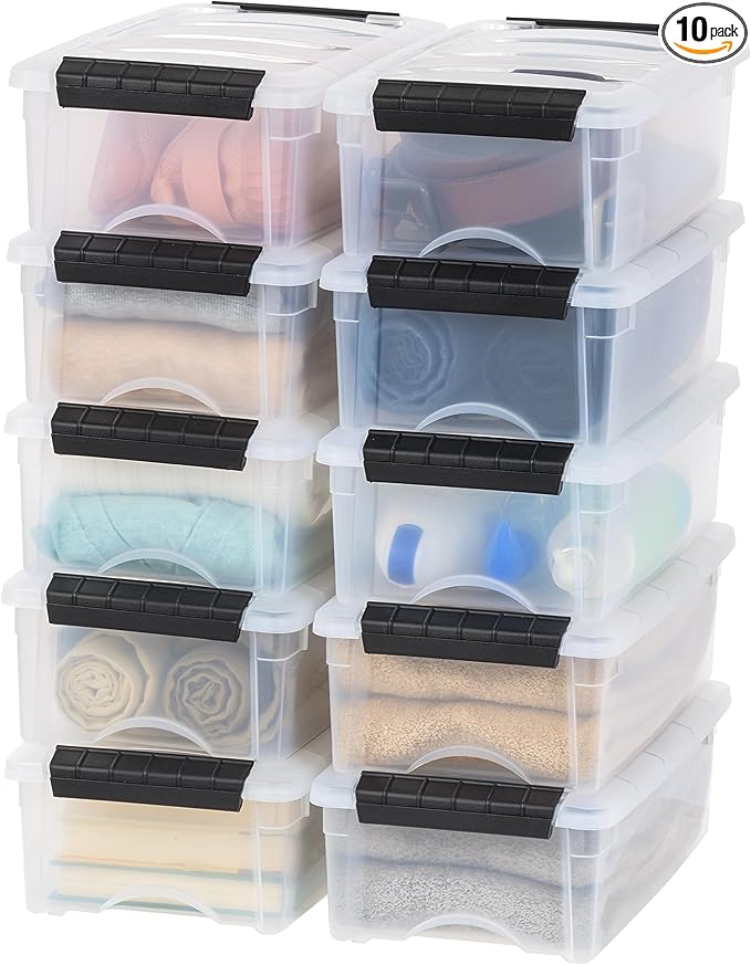 IRIS USA 6 Qt Stackable Plastic Storage Bins with Lids, 10 Pack - BPA-Free, Made in USA - See-Through Organizing Solution, Latches, Durable Nestable Containers, Secure Pull Handle - Clear