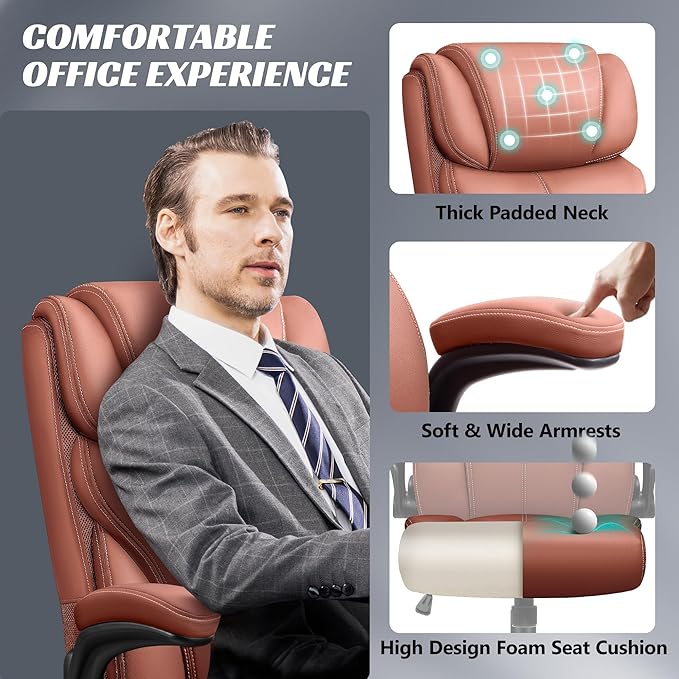 Office Chair, Ergonomic Big and Tall Computer Desk Chairs, Executive Breathable Leather Chair with Adjustable High Back Flip-up Armrests, Lumbar Support Swivel PC Chair with Rocking Function