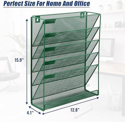 EASEPRES Desk File Organizer Mesh 6-Tier, Hanging Wall Mount Document Organization Stand, Desktop Vertical Mail Paper Folder Holder Rack with Bottom Tray for Office Home Cubicle Countertop, Dark Green