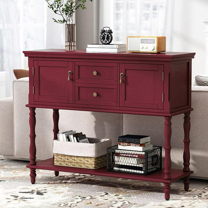 ARTPOWER Console Table with 2 Drawers, Retro Entryway Table with 2 Door Cabinets and Open Storage Shelf, Narrow Long Behind Couch Sofa Table for Living Room, Foyer, Hallway, Red