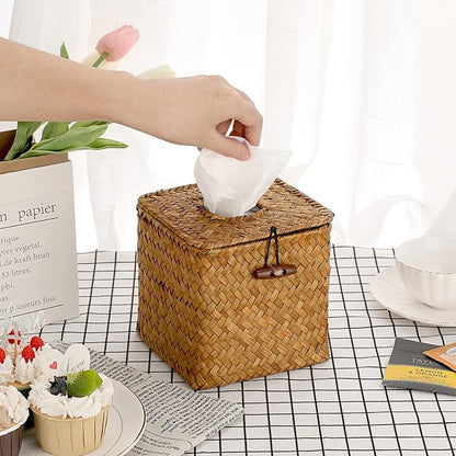 Sumnacon Tissue Box Cover Square Seagrass Tissue Box with Lid, Woven Tissue Box Holder Rustic Cube Tissue Cover for Bathroom Toilet Bedroom Living Room Kitchen Table Desk Office Car, Caramel