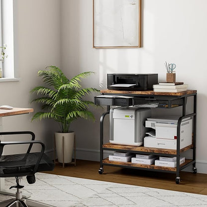 EasyCom 32.3"x18.9" Extra Large Printer Stand with Double Drawers, 5-Adjustable Heights 3 Tier Table with Wheels, Rolling Printer Cart with Storage for Printer Scanner Fax Home Office Use