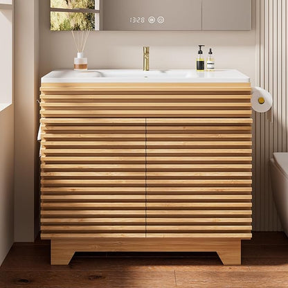 VNN 36 Inch Bathroom Vanity with Ceramic Sink - Freestanding Modern Bathroom Storage Vanity Cabinet with Fluted Design, Soft-Close Doors, Shelves, Toilet Paper Holder & Towel Hooks, Natural Oak