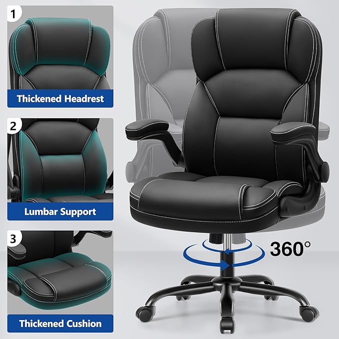 PU Leather Executive Office Chair, Ergonomic High-Back Computer & Gaming Chair with Adjustable Height, Rolling Swivel & Flip-Up Armrests, Comfy Padded Seat for Home Office-Black