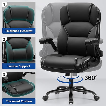PU Leather Executive Office Chair, Ergonomic High-Back Computer & Gaming Chair with Adjustable Height, Rolling Swivel & Flip-Up Armrests, Comfy Padded Seat for Home Office-Black