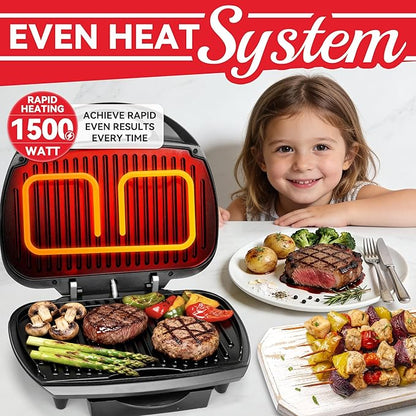 Family-sized Contact Grill, 6-Serving Electric Indoor Grill with Adjustable Temp Control, Ceramic Coating, 1500W, Graphite