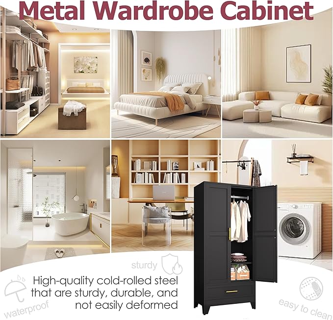 Steel Armoire Wardrobe Closet, 71" Household Wardrobe Cabinet with 2 Doors, 1 Adjustable Shelf and 1 Drawers, Metal Clothing Storage Cabinet with Hanging Rod for Bedroom, Cloak Room,Gym(Black)
