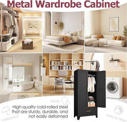 Steel Armoire Wardrobe Closet, 71" Household Wardrobe Cabinet with 2 Doors, 1 Adjustable Shelf and 1 Drawers, Metal Clothing Storage Cabinet with Hanging Rod for Bedroom, Cloak Room,Gym(Black)