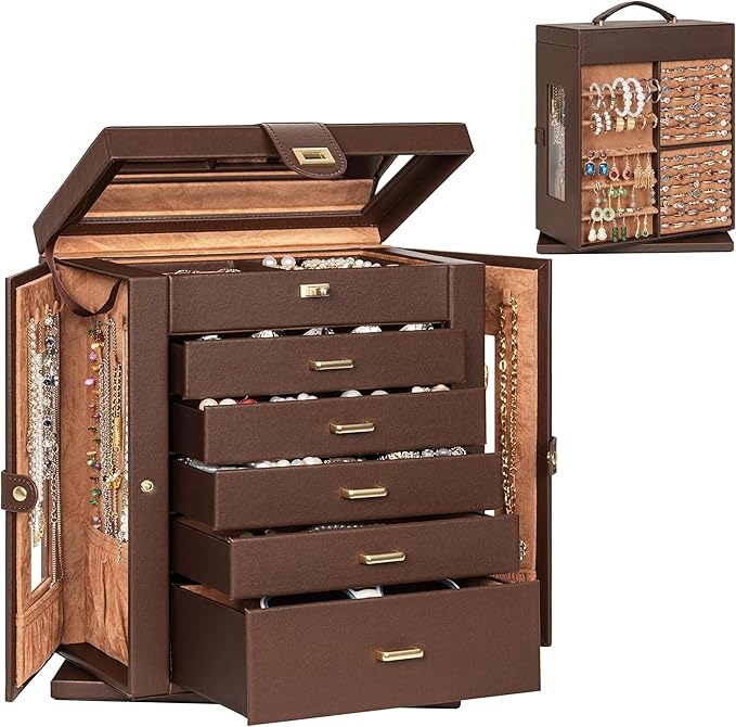 AKOZLIN 360° Rotating Jewelry Box 6-Tier Organizer Functional Jewelry Storage Case for Women Girls Ring Necklace Earring Bracelet Holder with Mirror Brown