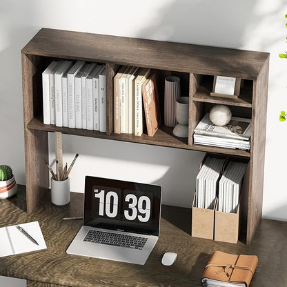 LDAILY Desktop Bookshelf, 2-Tier Office Desk Shelf Organizer with 4 Shelves, 37’’L Wood Storage Rack Display Shelf for Computer Desk, Office, Dorm, Bedroom (Grey)