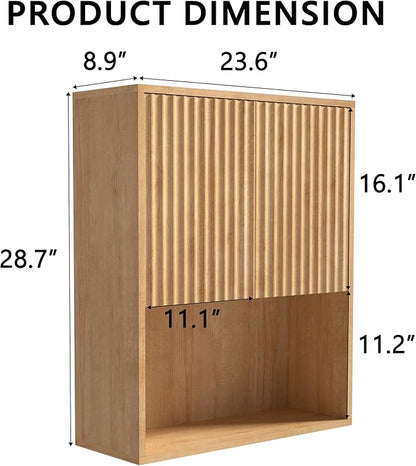 Fluted Bathroom Wall Cabinet Over The Toilet Storage,Wall Mounted Cabinet with Adjustable Shelf,Floating Cabinet Organizer Hanging Cabinet,Kitchen and Laundry Room Cabinets (Oak, 1 PC)