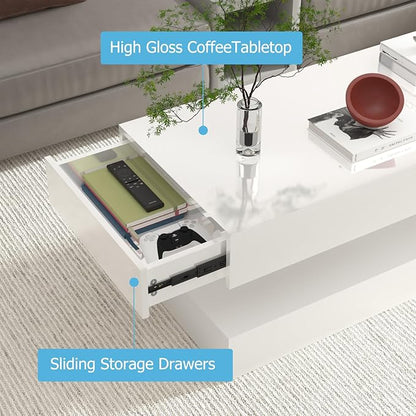 Uspeedy 47.3in Large High Glossy LED Coffee Table with 2 Storage Drawers,Black/White Modern Coffee Tables for Living Room,Living Room Tables,APP LED Lights (White)