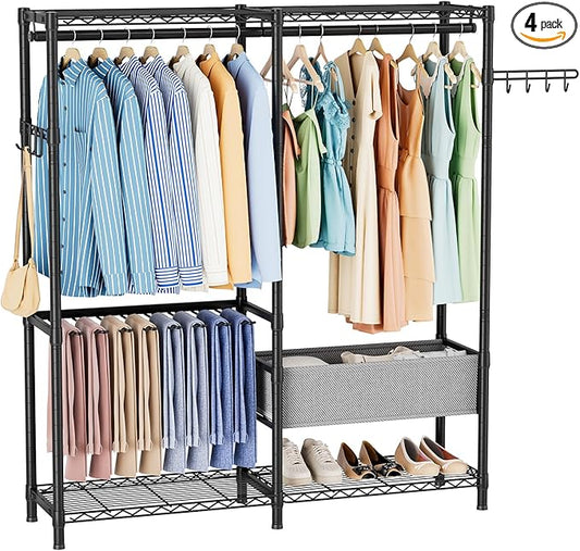 Golpart Clothes Rack Coat Rack Closet Organizers and Storage Laundry Room Organization Heavy Duty Portable Clothing Racks for Hanging Clothes Adjustable Freestanding with Shelves and Wheels Black
