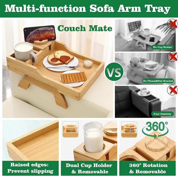GHKINMAL Bamboo Couch Cup Holder, 4 in 1 Couch Arm Trays with 360°Rotated Phone Holder, Non-Slip Clip on Side Table for Drinks/Remote/Snacks, Ideal Gift for Husband, Wife, Parents