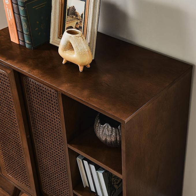 LKTART Mid Century Modern Storage Cabinet with Rattan Sliding Doors and Open Shelves, Boho Style Wooden Sideboard Buffet for Living Room,Dark Walnut