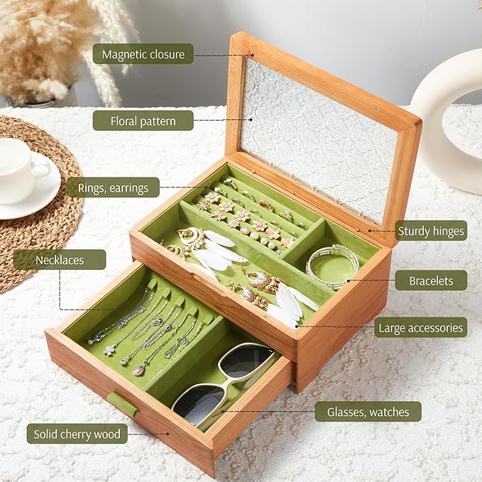 Wooden Jewelry Box, Large Size Case, Natural Solid Cherry Wood Vintage Trinket Organizer with 2-Layer Storage, Drawer, Ring Compartments, Necklace Hooks, Glass Lid, ek06-b-cherry