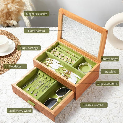 Wooden Jewelry Box, Large Size Case, Natural Solid Cherry Wood Vintage Trinket Organizer with 2-Layer Storage, Drawer, Ring Compartments, Necklace Hooks, Glass Lid, ek06-b-cherry