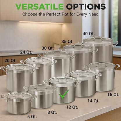 NutriChef 12-Quart Stainless Steel Stockpot with Stainless Steel Lid - 18/8 Food Grade Heavy Duty Large Stock Pot for Stew & Soup, Works w/Induction