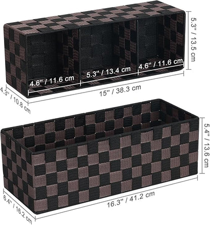 2-Pack Checker Pattern Woven Bins, 16” Ribbon Metal Wire Desk Organizer, Drawer Dresser Baskets, Countertop Toilet Paper Storage Containers (Black & Brown)
