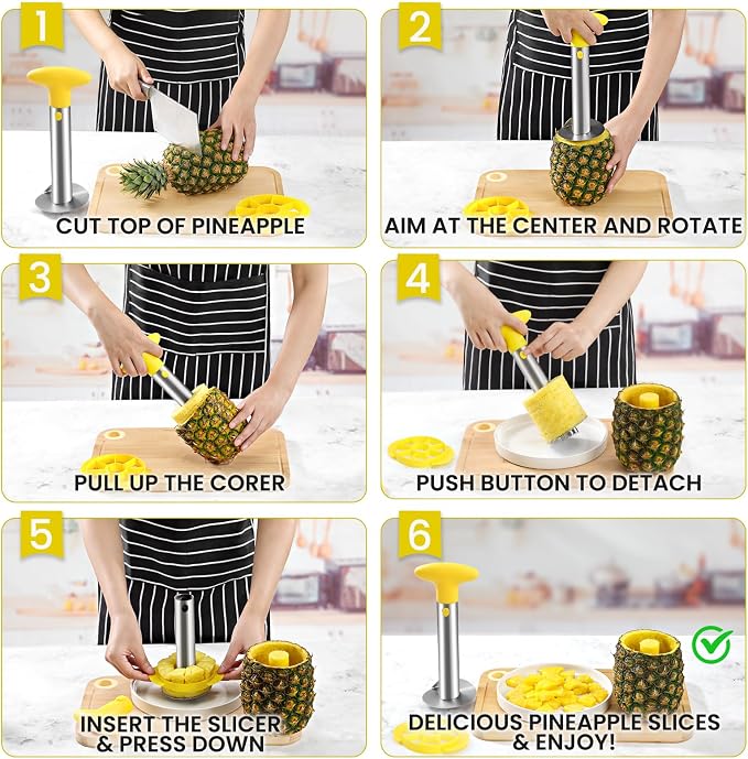 CUNSENR Premium Pineapple Corer and Slicer Tool - Pineapple Cutter with Sharp Serrated Tips - Easy to Use & Clean - Stainless Steel Core Remover for Pineapple - Slice and Core Fruits with Ease(Yellow)