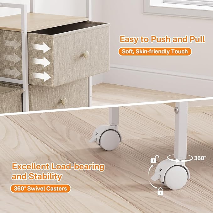 Modanais Baby Organizer and Storage - 3 Tier Rolling Cart with Dividers and Drawers, Easy To Assemble, Mobile Utility Cart with Wheels for Nursery, Bedroom, Changing Table & Crib,Off White
