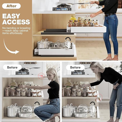 Seinloes Pull Out Cabinet Organizer, 4-Side Expandable to Fit Most Cabinets, 3 Rail Slide Out Drawers with Raising Pad for Framed & Frameless Cabinets, 13"-21" W x 13"-17" D, White, 2 Pack