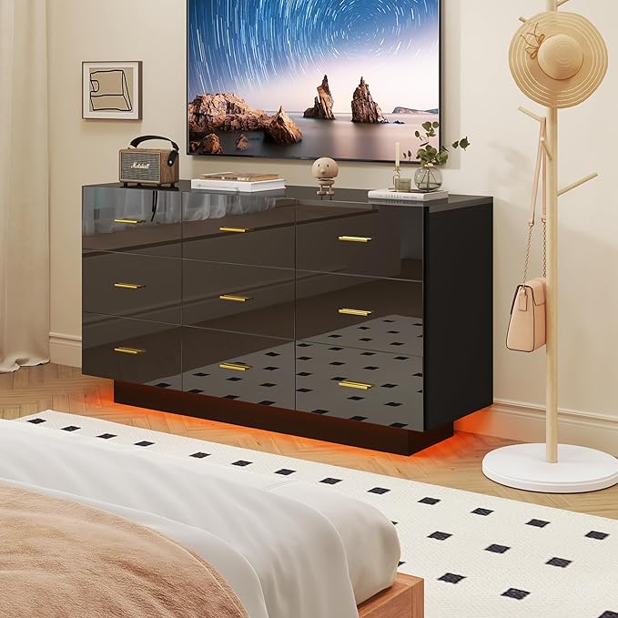 9 Drawer Dresser for Bedroom, 55'' W Highly Reflective Modern Chest of Drawers with LED Light, Wooden Dresser Organizer Cabinet for Living Room, Entryway (Black)