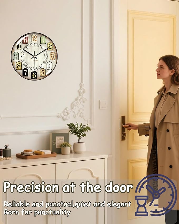 Decorative Wall Clocks Batterys Operated, Retro Wall Clock with Glass Dial, 12-Inch Dial with Roman Numerals, Silent and No Ticking, Suitable for Living Room, Bedroom, Dining Area, Workspace