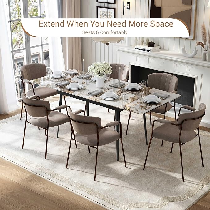 Honyee Extendable Rectangular Dining Table, 47–71 Inch Expandable Kitchen & Dining Room Table for 4–8, Easy-Clean Marble-Look Sintered Stone Top, Modern Dining Table for Small Spaces