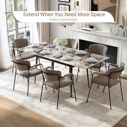 Honyee Extendable Rectangular Dining Table, 47–71 Inch Expandable Kitchen & Dining Room Table for 4–8, Easy-Clean Marble-Look Sintered Stone Top, Modern Dining Table for Small Spaces