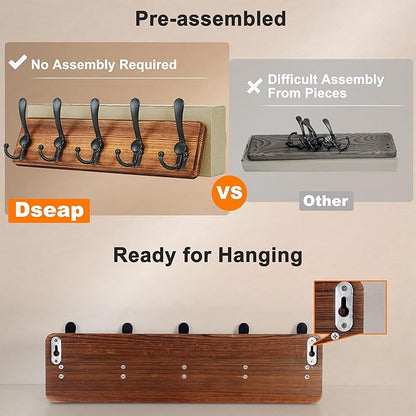 Dseap Coat Rack Wall Mount - Heavy-Duty Robust Barnwood-Style Wooden Wall Coat Hanger Hook Rail with 5 Triple Hooks for Winter Coats Hat Jacket Clothing, Weathered Brown & Black, Pack of 2
