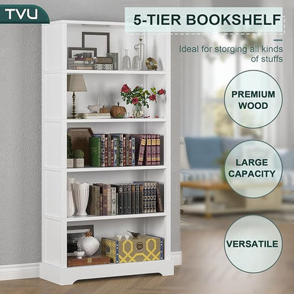 TVU 5-Tier Wooden Book shelf, 65"H × 31.5"W × 9.9“D Bookshelf with Storage, Floor-Standing Display Bookcase, Farmhouse Style Bookshelf with Arched Base, Suitable for Living Room, Study, Office, White