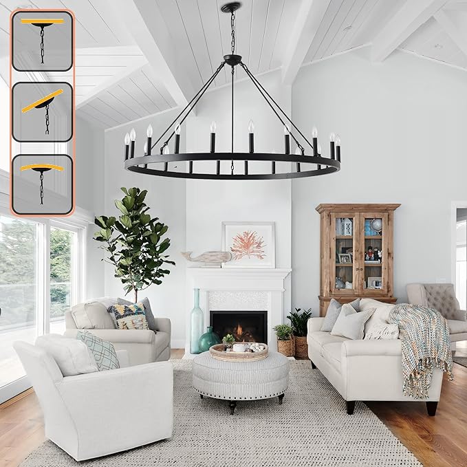 53 Inch Black Extra Large Wagon Wheel Chandelier, 20-Lights Farmhouse Industrial Round High Ceiling Pendant Light Adjustable Chain for Outdoor Porch,Foyer,Dining Room, Living Room