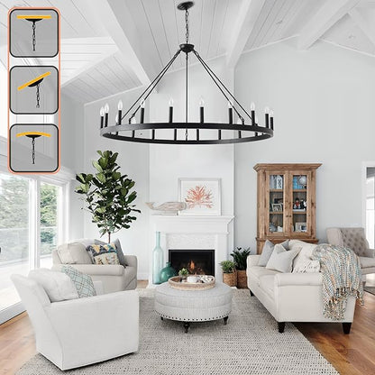53 Inch Black Extra Large Wagon Wheel Chandelier, 20-Lights Farmhouse Industrial Round High Ceiling Pendant Light Adjustable Chain for Outdoor Porch,Foyer,Dining Room, Living Room