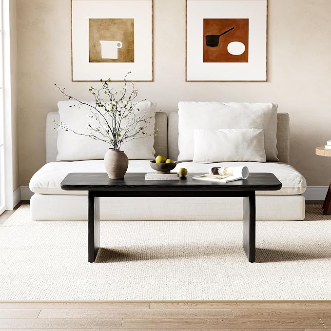 LITTLE TREE Farmhouse Coffee Table, 47 Inches Wooden Center Tables with Rounded Corners, Rectangular Living Room Tables, Modern Low Cocktail Tea Furniture for Living Room (Black)