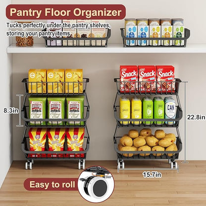3-Tier Rolling Pantry Cart with Wheels, Stackable Wire Storage Floor Organizer for Kitchen Pantry Snack Shelves, Fruit Basket Stand, Vegetable Storage Rack for Food Snacks Onion Potato, Black, 2 Pack