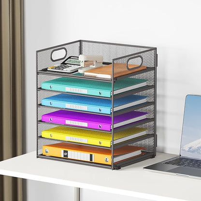 6 Tiers Letter Tray Paper Organizer With Handle, Mesh Desk File Organizer, Metal Desktop Document Shelf, Paper Sorter for Office, Home or School File Folder Holder - Grey