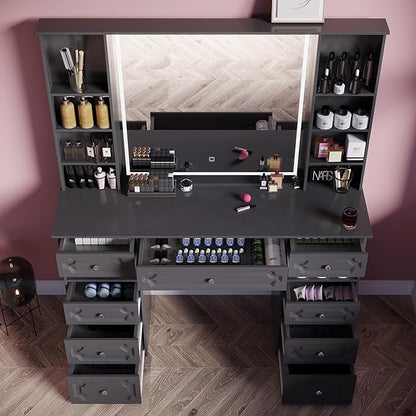 Makeup Vanity with 30" HD Lighted Mirror, 47" Large Vanity Desk with 9 Drawers & 10 Open Storage Shelves, Brightness Adjustable, Dressing Table for Bedroom, Women Girl (Black, B Panel)