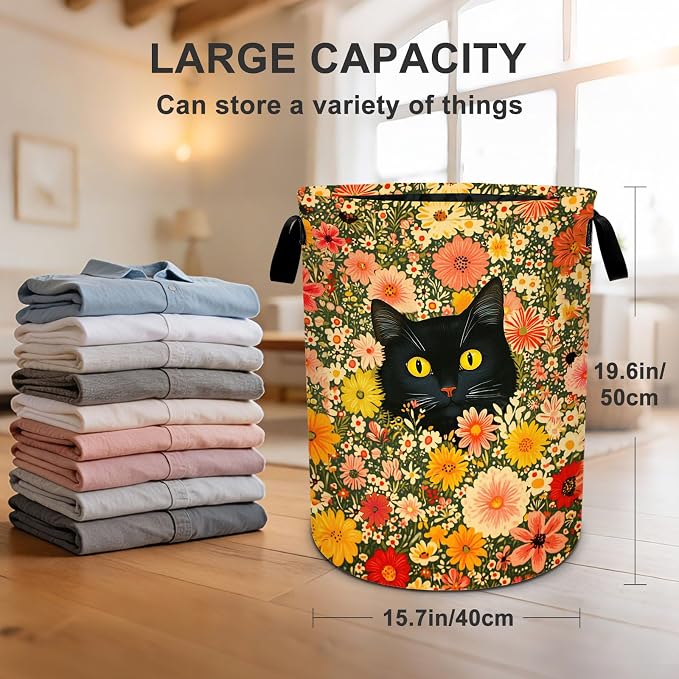 Cat Flower Laundry Basket Waterproof Laundry Hamper Foldable Laundry Bag with Handles for Bedroom, Bathroom, Office, Clothes Storage
