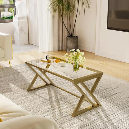 Wolawu Coffee Table Gold Glass Coffee Table for Living Room,Modern Rectangular Center Table with Sturdy Metal Frame,Tempered Glass Table Tea Tables for Bedroom Home Office