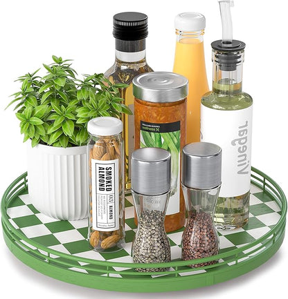 Premium Rubber Wood Lazy Susan Turntable, Green White Checkerboard Decorative Serving Tray, Hand-Welded Metal Railing, Stable Rotating Organizer for Dining Table, Kitchen Counter, Coffee Table Decor